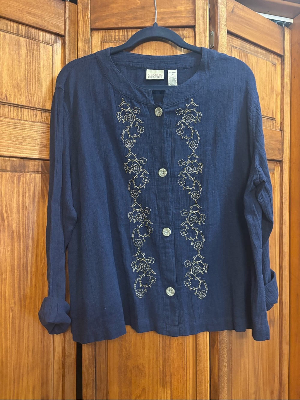 Classic Navy Button-Front Shirt with Cream Floral Embroidery